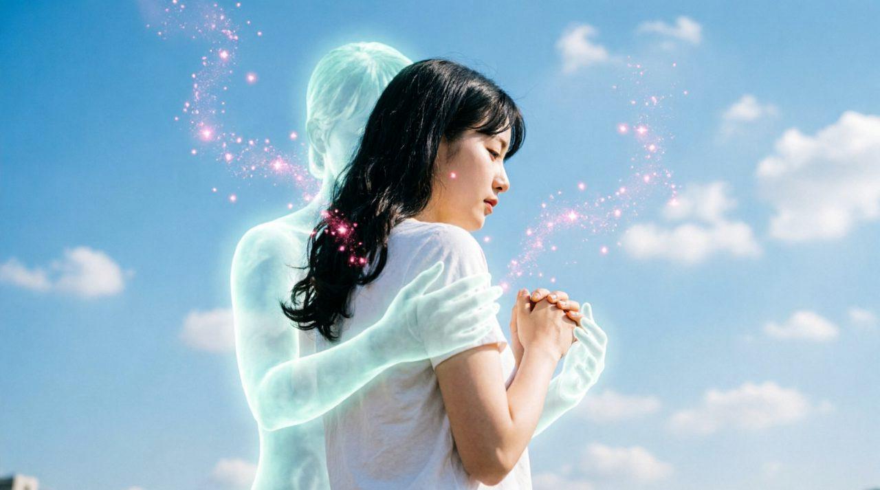 困惑しながらも落ち着いて肩をかわす女性と、気まずそうな男性のイラスト