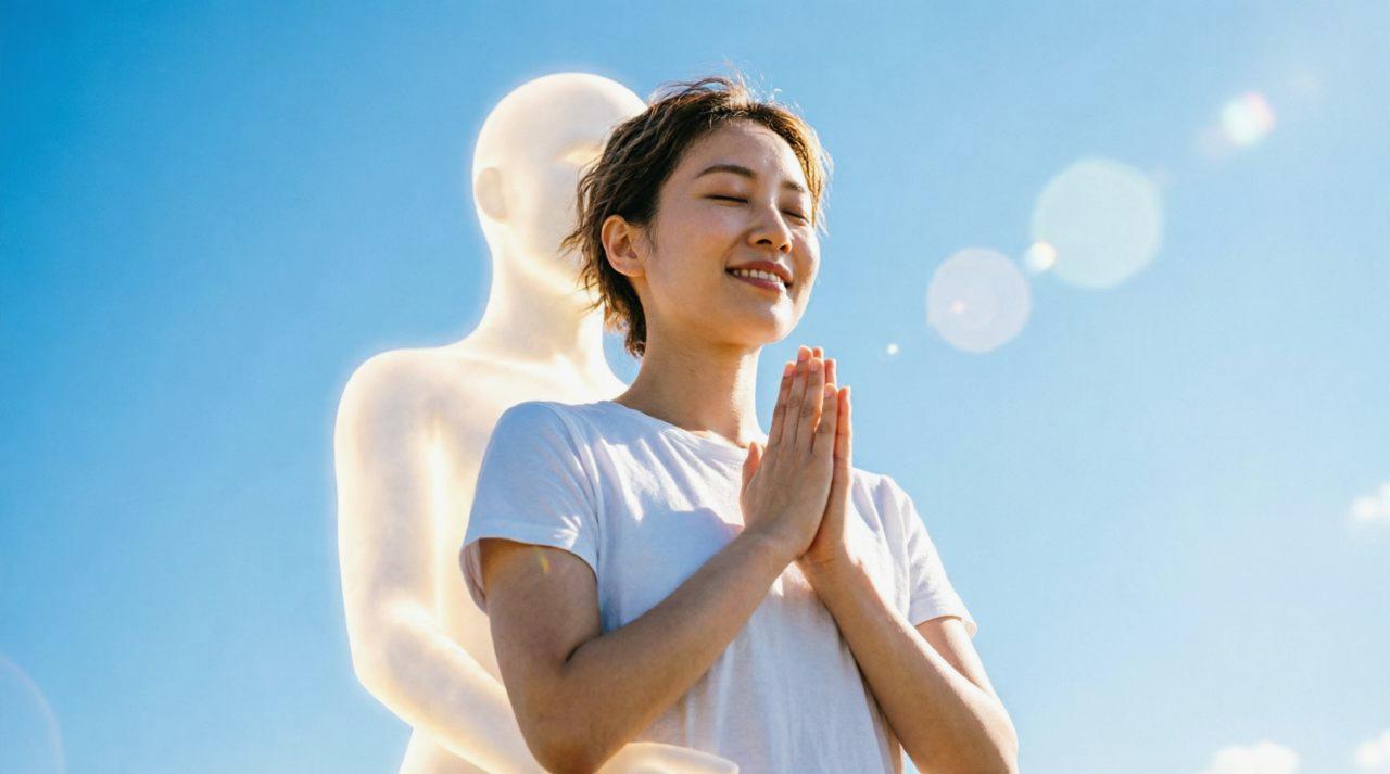 男性に優しく抱きしめられて、幸せそうに目を閉じるぽっちゃり女性の姿