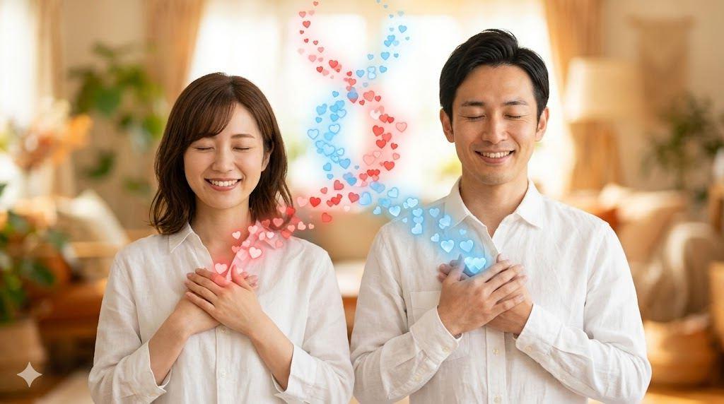 カフェのテーブル越しに女性が年上彼氏の手にそっと触れ、笑顔で見つめる場面