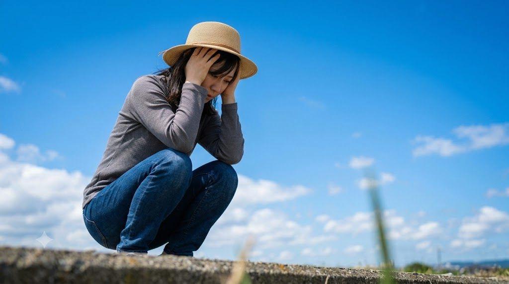 自分を責めずにつらさを認めようとする女性の落ち着いたイメージ