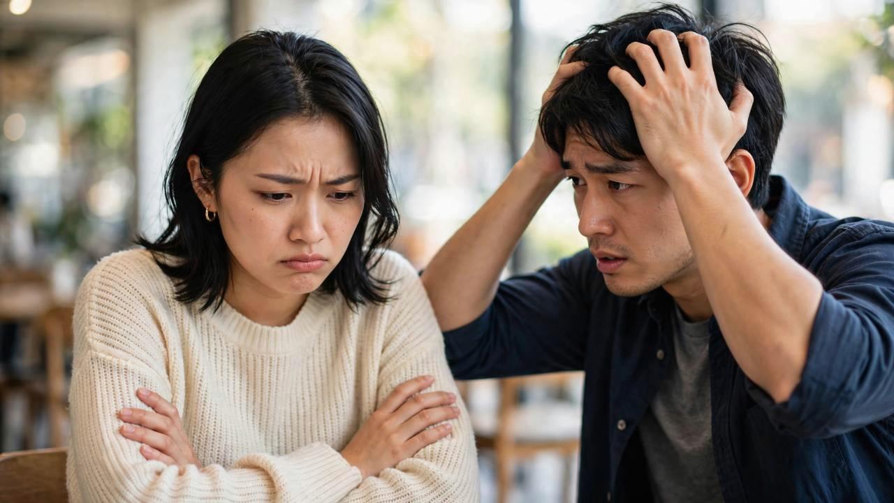 カフェで男性と向き合い、うなずきながら穏やかに話す30代女性の横顔