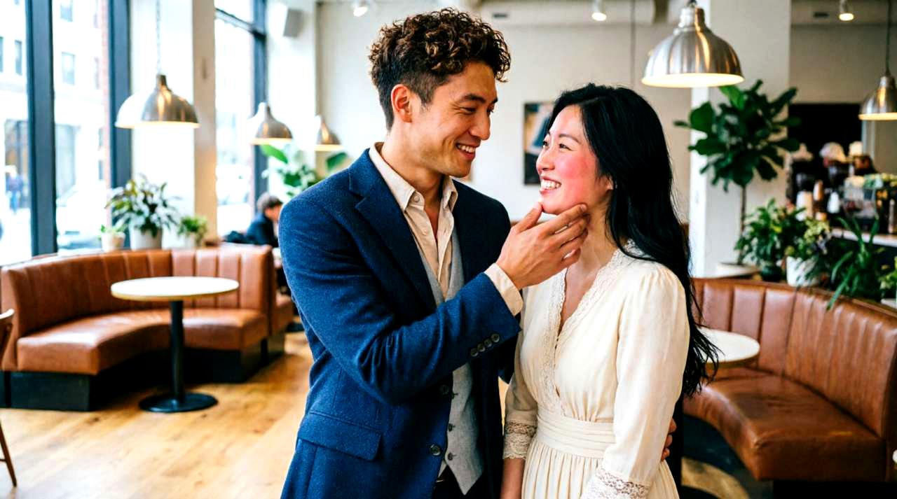 レストランで隣り合わせに座り、メニューを指さしながら会話するカップル