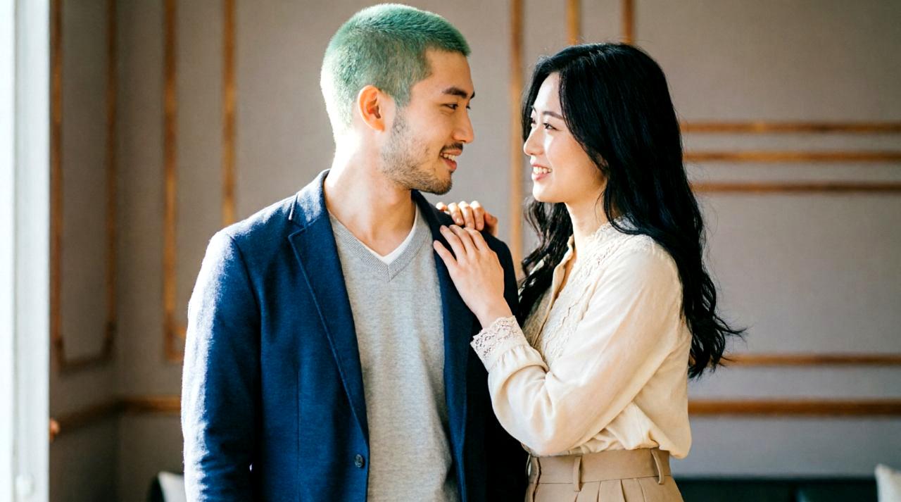 公園のベンチで楽しそうに語り合う男女。男性が女性の話に真剣にうなずいている