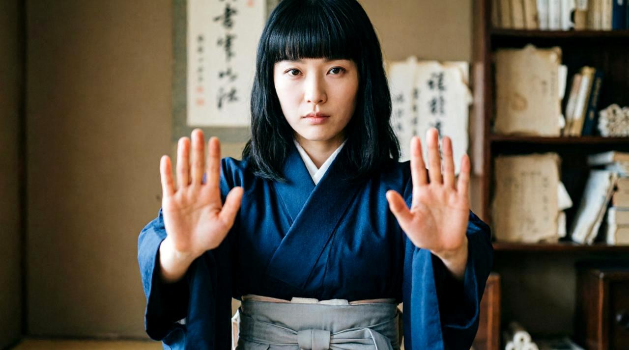 職場で脚に触れられて困惑する女性と距離を取る男性