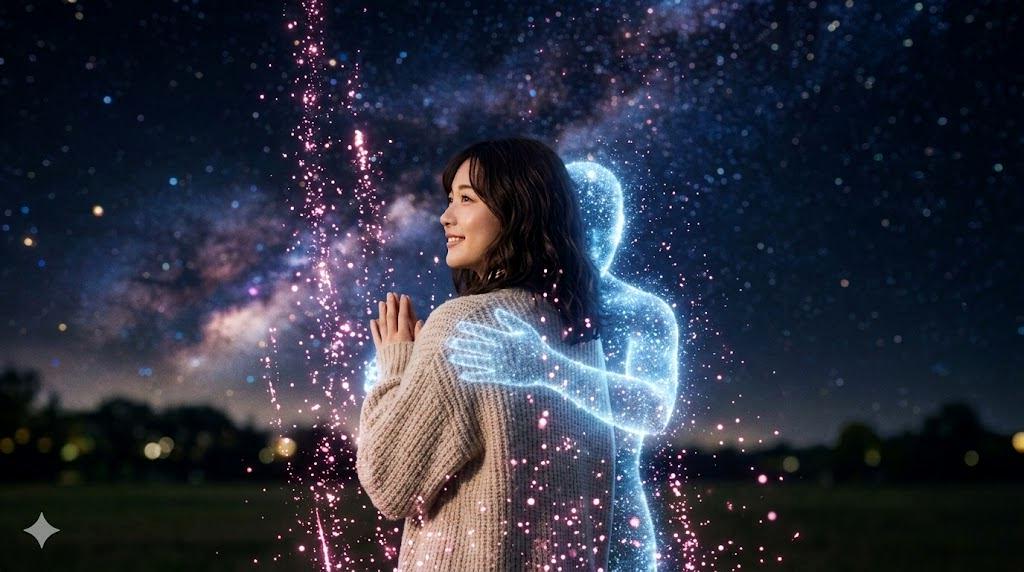 花畑の中で太陽に向かって微笑む女性