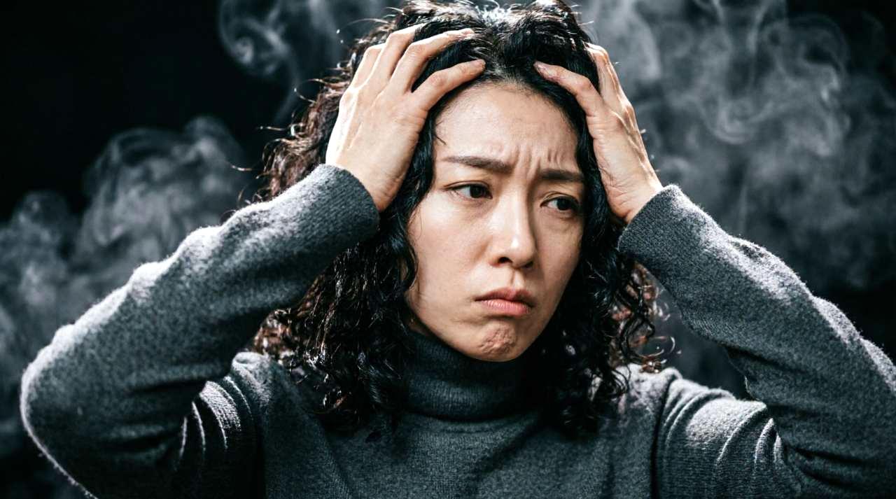 うつむきながら職場の年上男性の手を避ける女性の後ろ姿