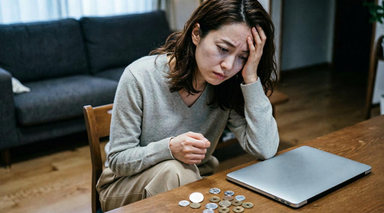 頭を抱えて悩む女性の後ろ姿と、周囲の目を気にする吹き出し
