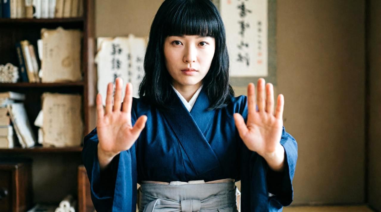 上司に頭を触られそうになり自然に距離を取る女性