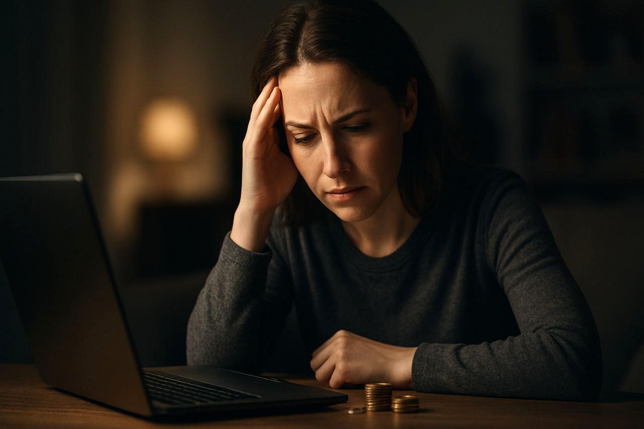 崩れ落ちる砂時計と、その下で立ちすくむ女性の後ろ姿。時間と共に失われる自己価値を象徴