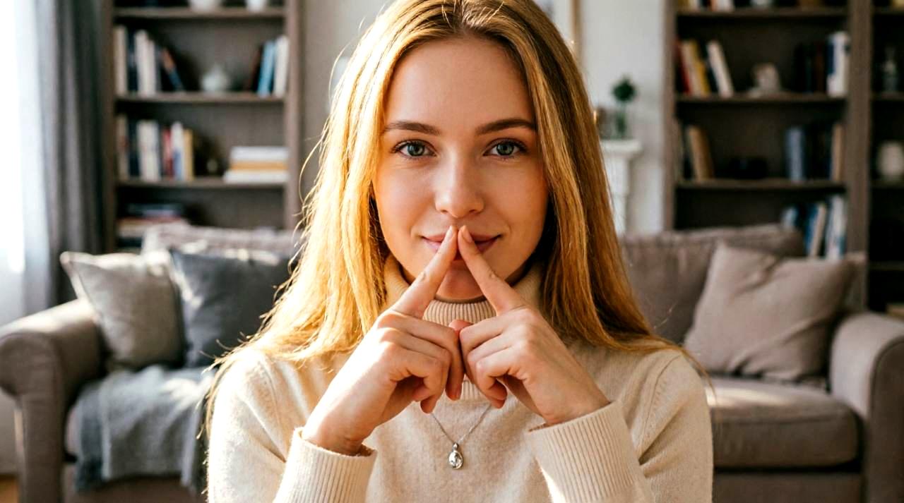 笑顔で髪をかきあげる女性の横顔、ツヤのあるロングヘア