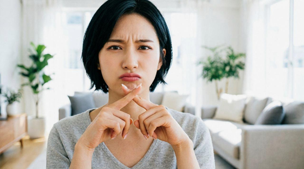 会話中にさりげなく一歩下がる女性の後ろ姿と吹き出しのセリフ
