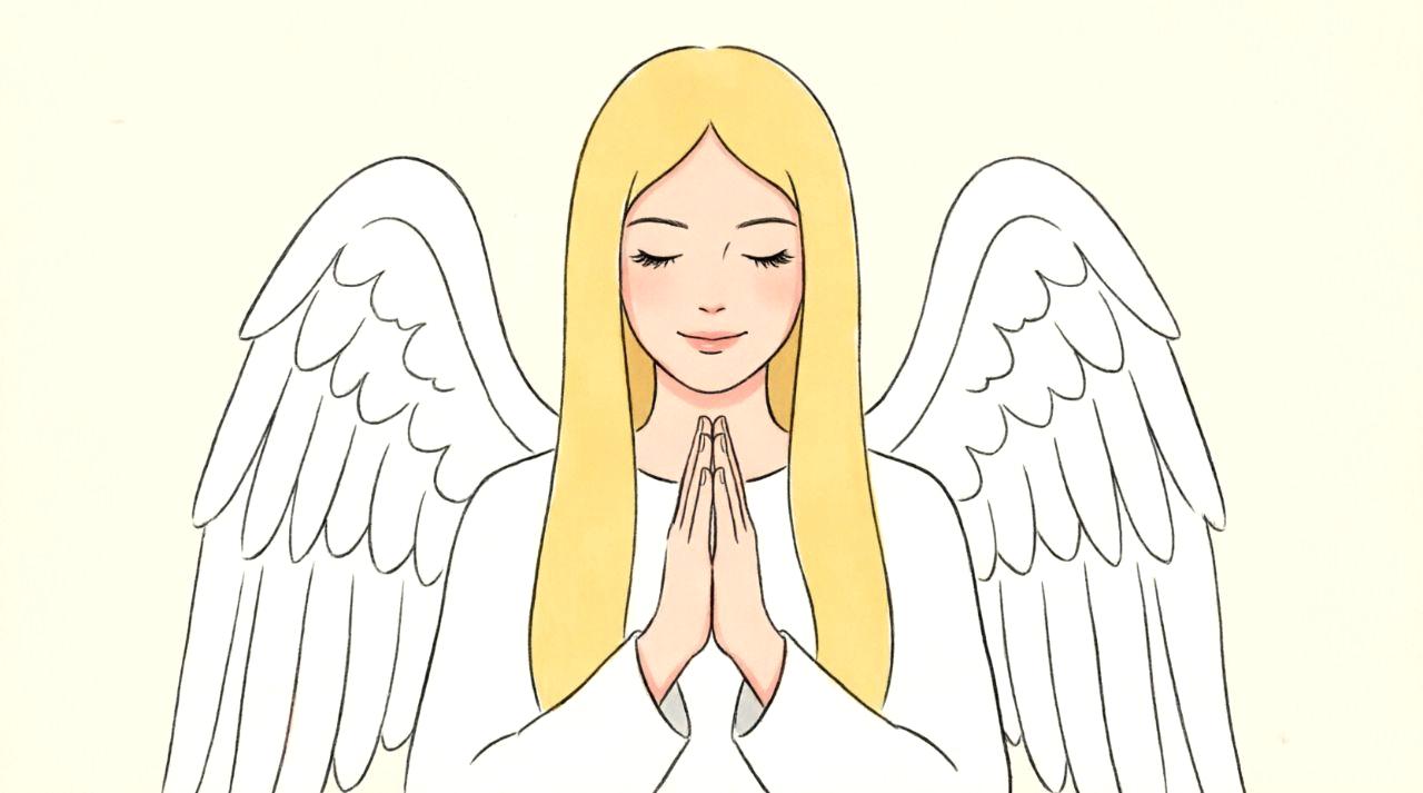 両腕で自分の体を包み込むように立ち、穏やかだが強い目線を送る女性の全身像