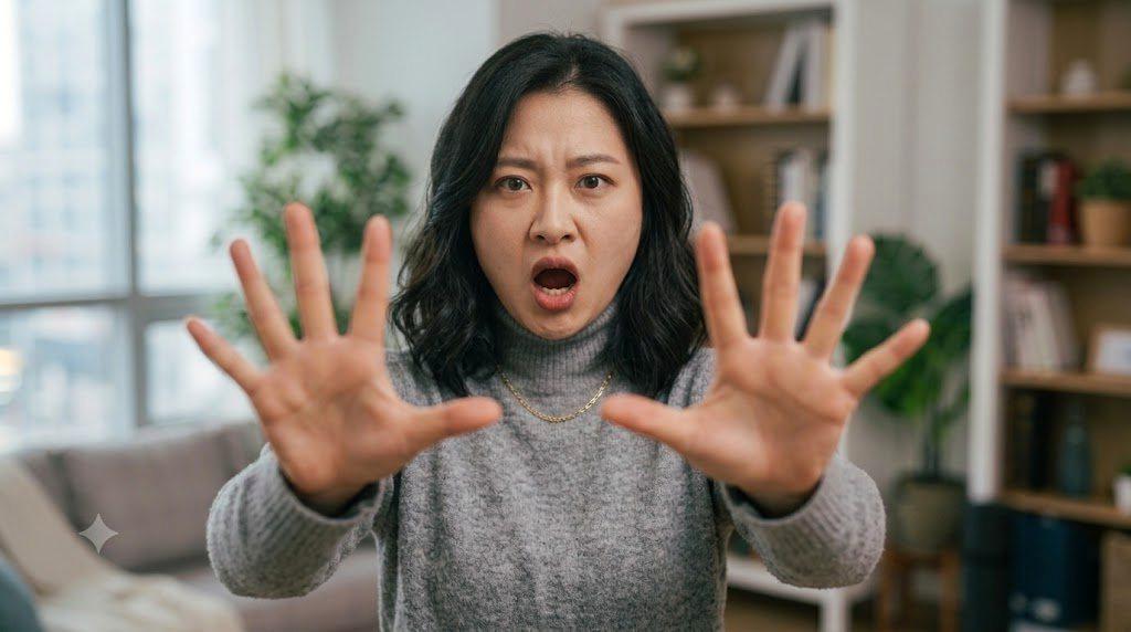 職場で不安そうな女性が自分の脚を見下ろし、困惑している様子