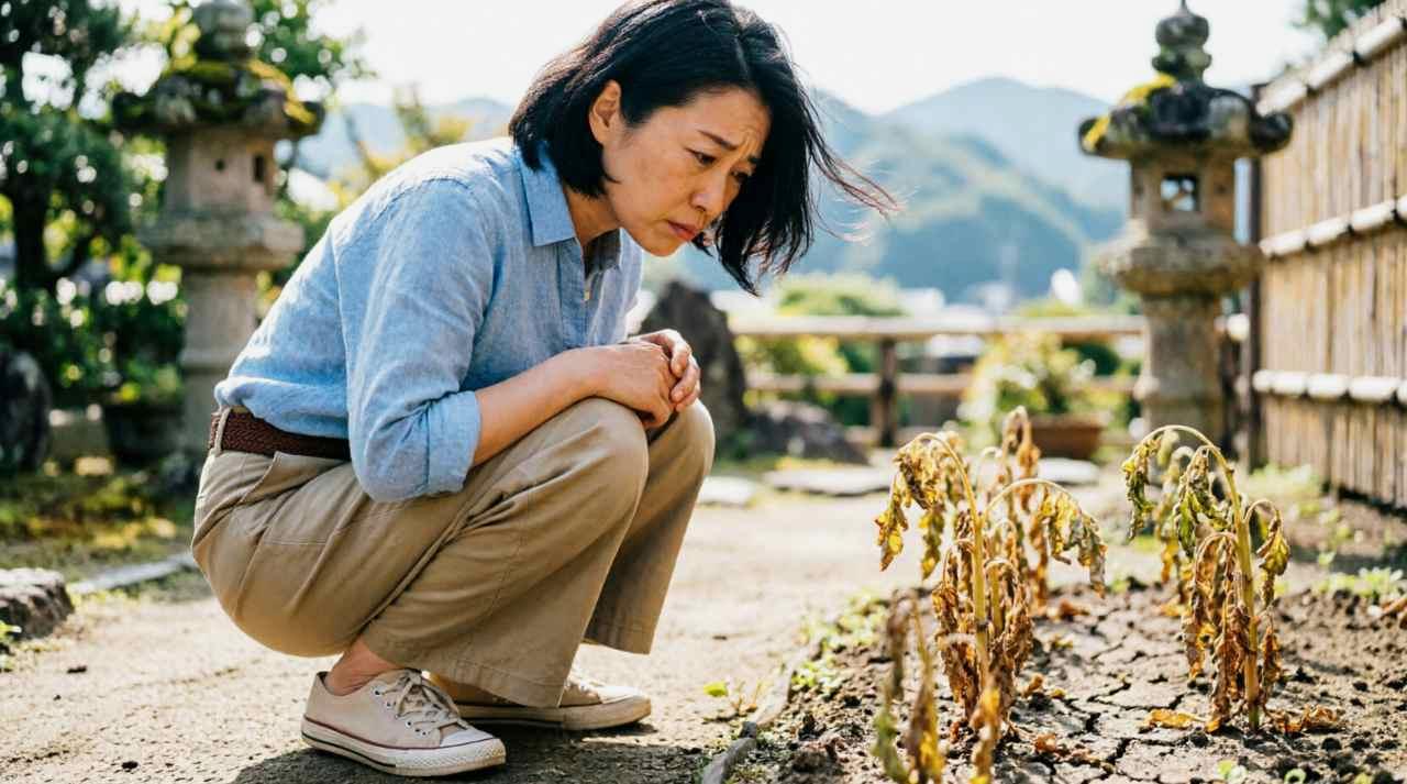 困惑した女性の後ろ姿と、手を伸ばす中年男性のシルエット