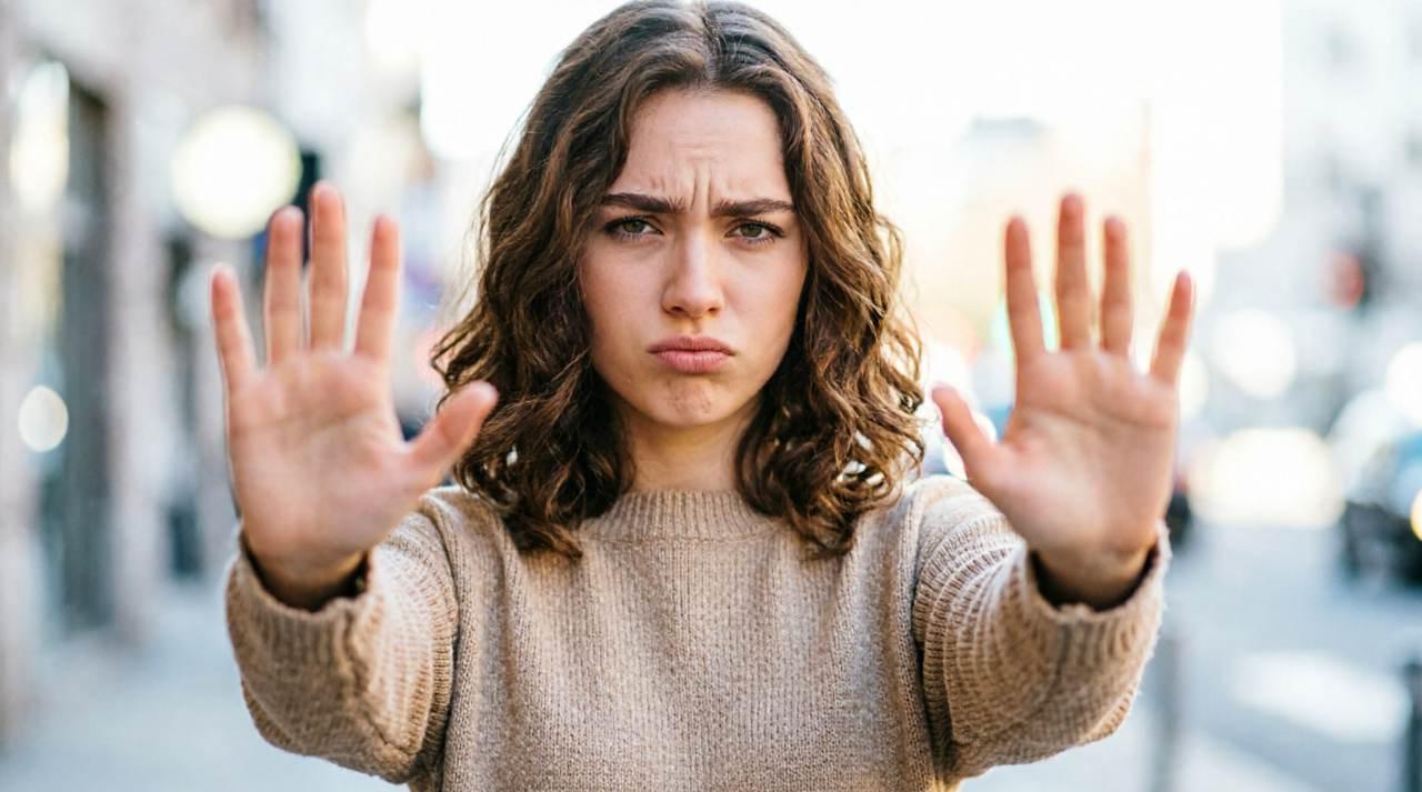 頭を撫でようとする手をスッと避ける女性の様子。物理的距離で不快感を伝える。