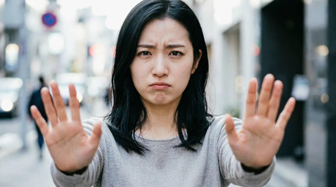 職場で上司に肩を触られ困惑する女性の表情