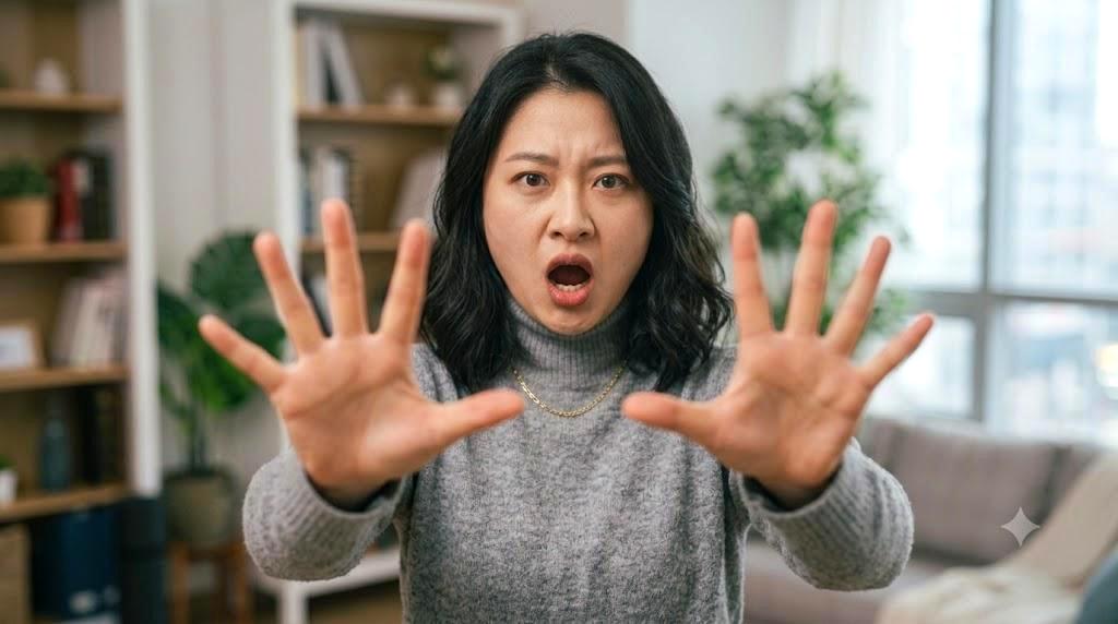 一歩後ろに下がりながら冷静に相手を見つめる女性